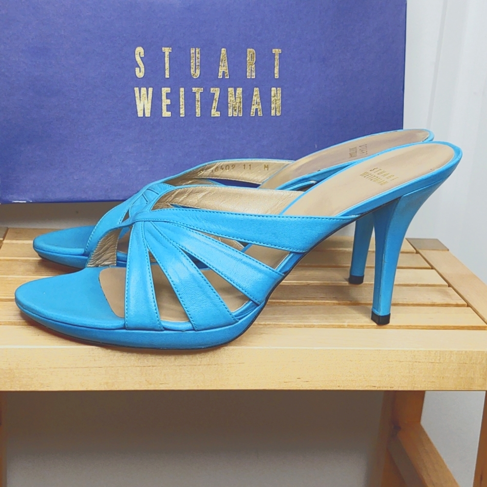 Stuart Weitzman 💙 Turquoise Crostini Danube Kid Leather Sandals, 11M 🆕